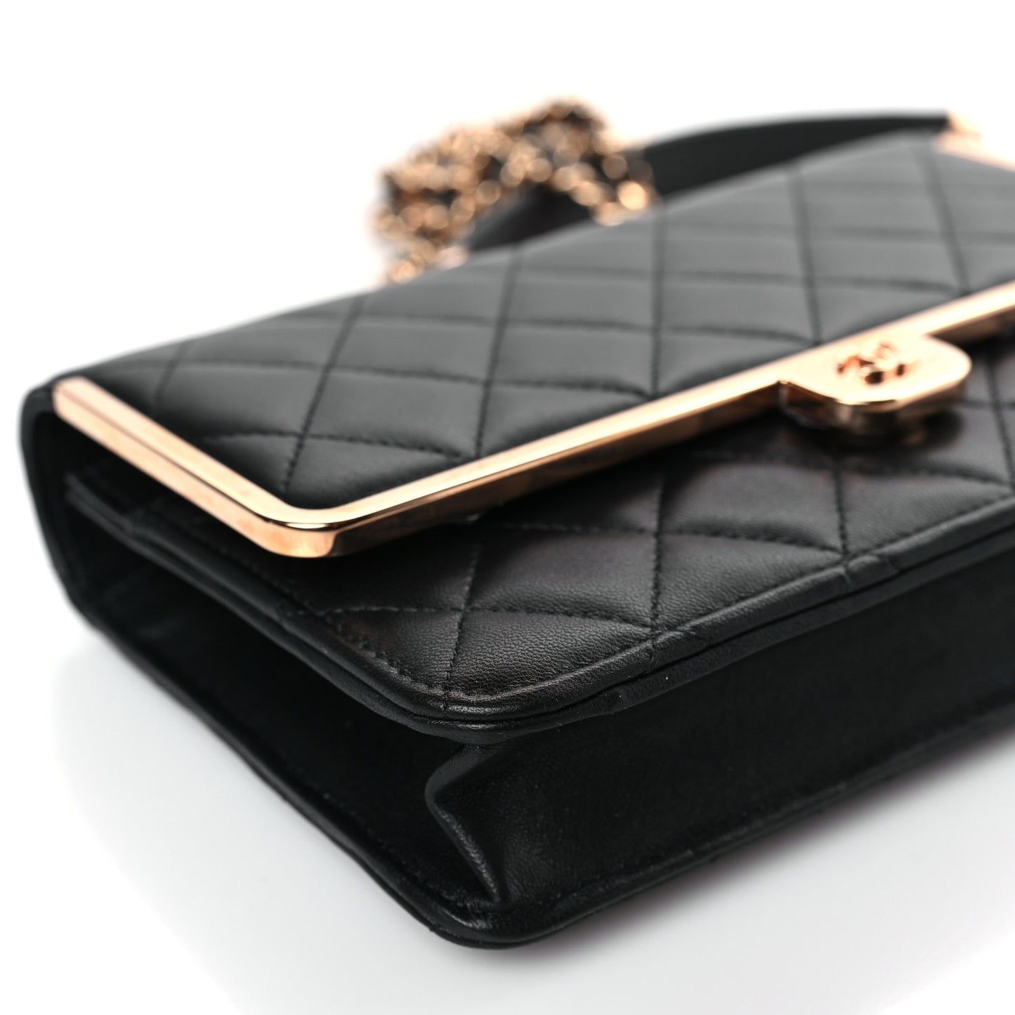 Lambskin Metal Quilted Wallet On Chain WOC Black