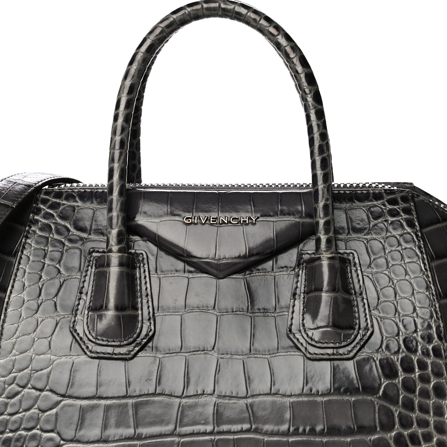 Calfskin Crocodile Embossed Small Antigona Storm Grey