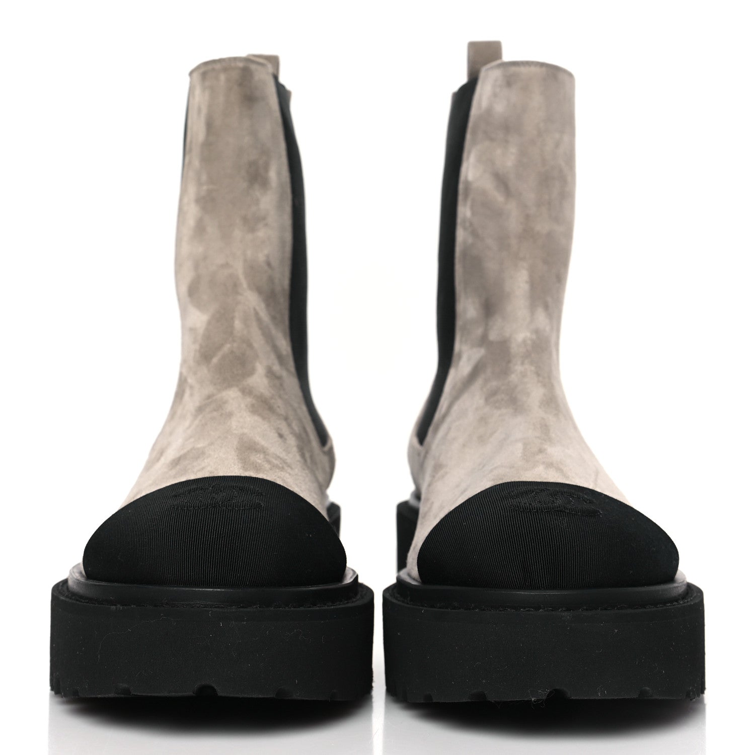 Chanel Suede Calfskin Grossgrain Cap Toe CC Ankle Boots 37.5 Light Grey Black 2 of 9
