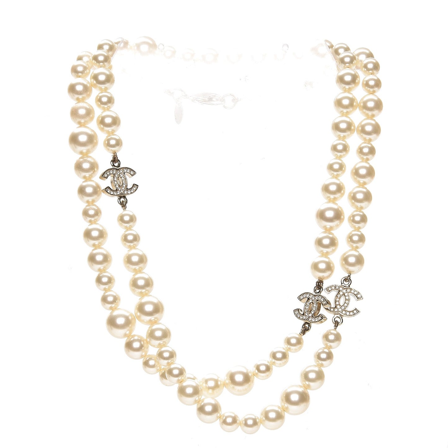 Graduated Pearl Crystal CC Long Necklace Light Gold