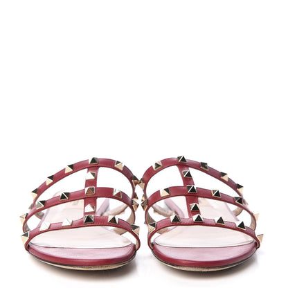 Valentino Garavani Calfskin Rockstud Caged Flat Slide Sandals 37.5 Rubino 2 of 13