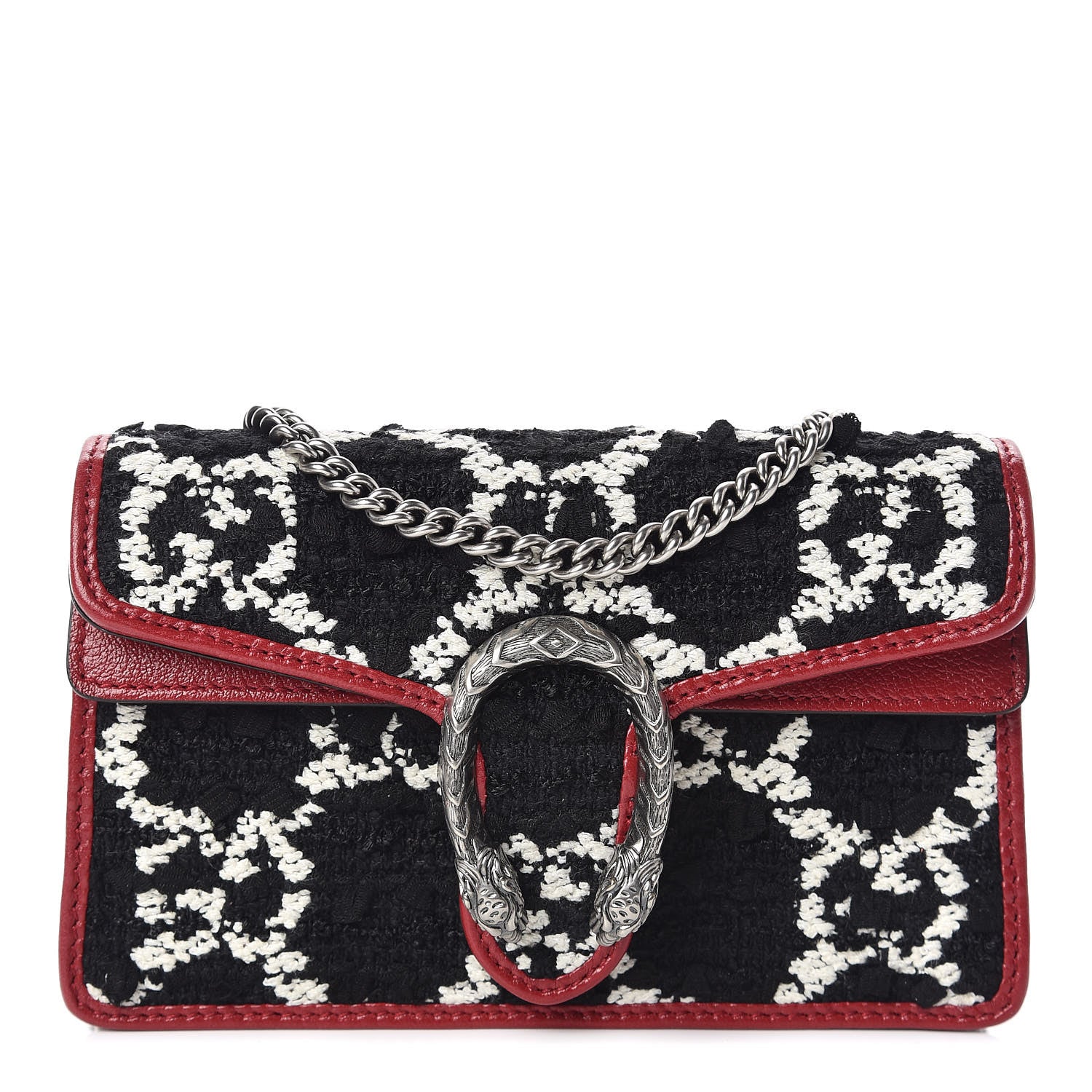 Gucci Tweed GG Monogram Super Mini Dionysus Shoulder Bag Black White Romantic Cherry 1 of 10