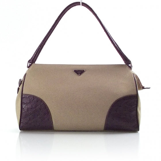 Prada Canvas Ostrich Tote Tan Purple 1 of 10