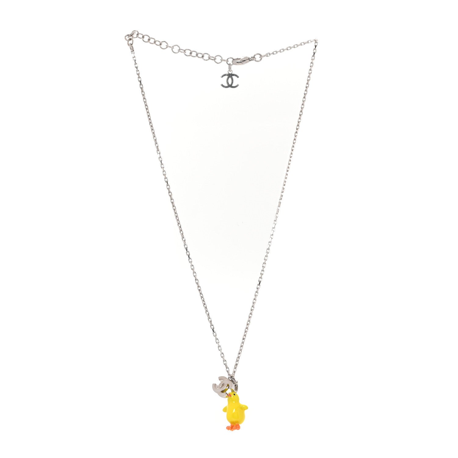Chanel Metal Resin Strass Crystal CC Baby Chick Pendant Necklace Silver Yellow Orange 3 of 5