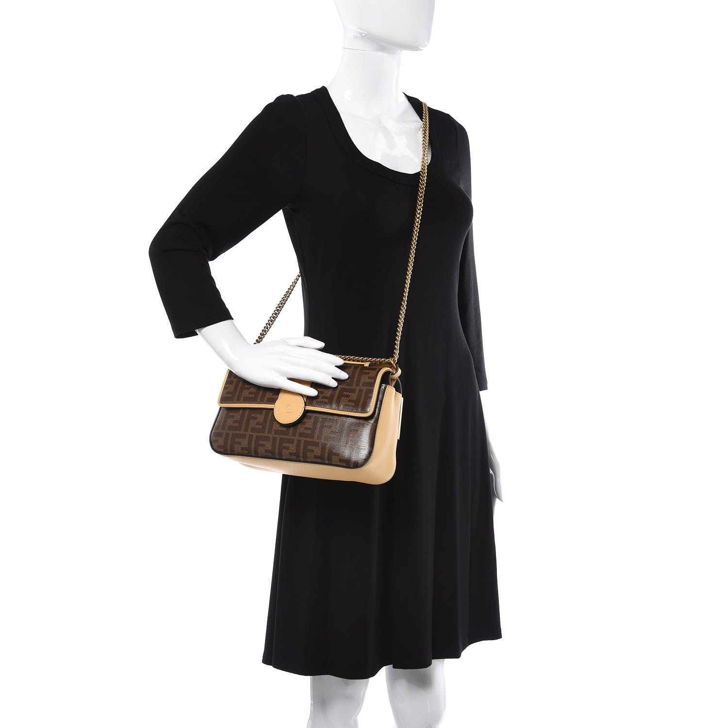 Fendi Vitello Grace Glazed Fabric FF 1974 Double F Shoulder Bag Alchemy Mogano Panna 3 of 10