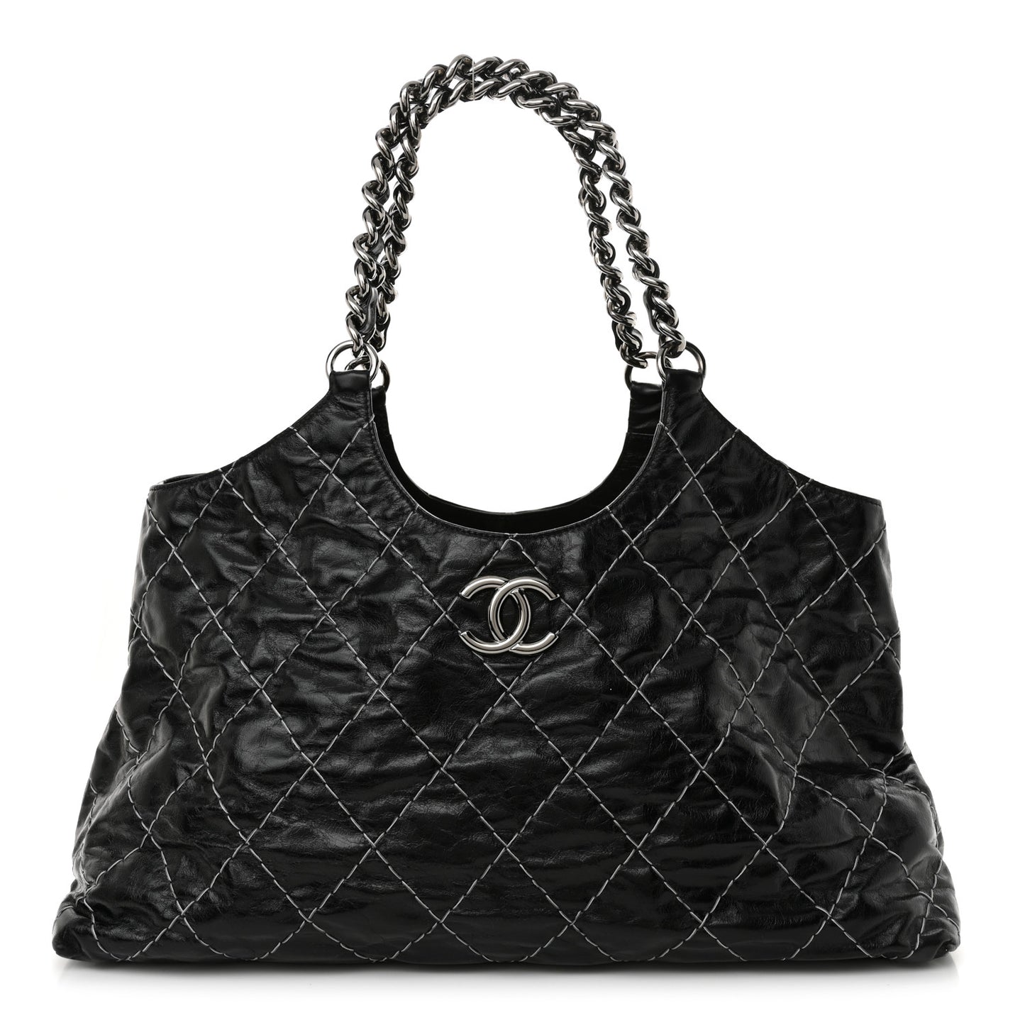 Glazed Goatskin Double Contrast Stitch Tote Black Black Black