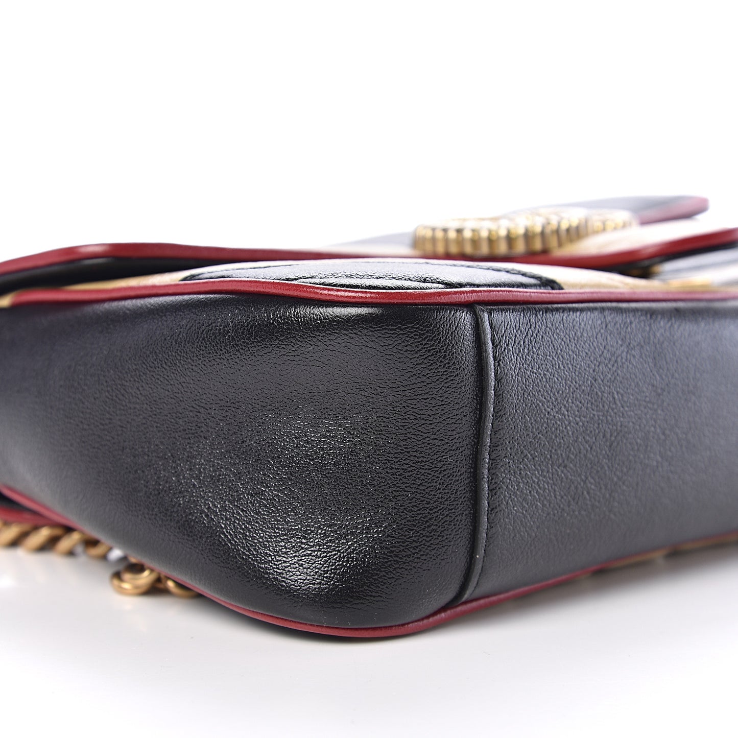 Vintage Effect Calfskin Matelasse Diagonal Striped Small Torchon GG Marmont Shoulder Bag Black Beige
