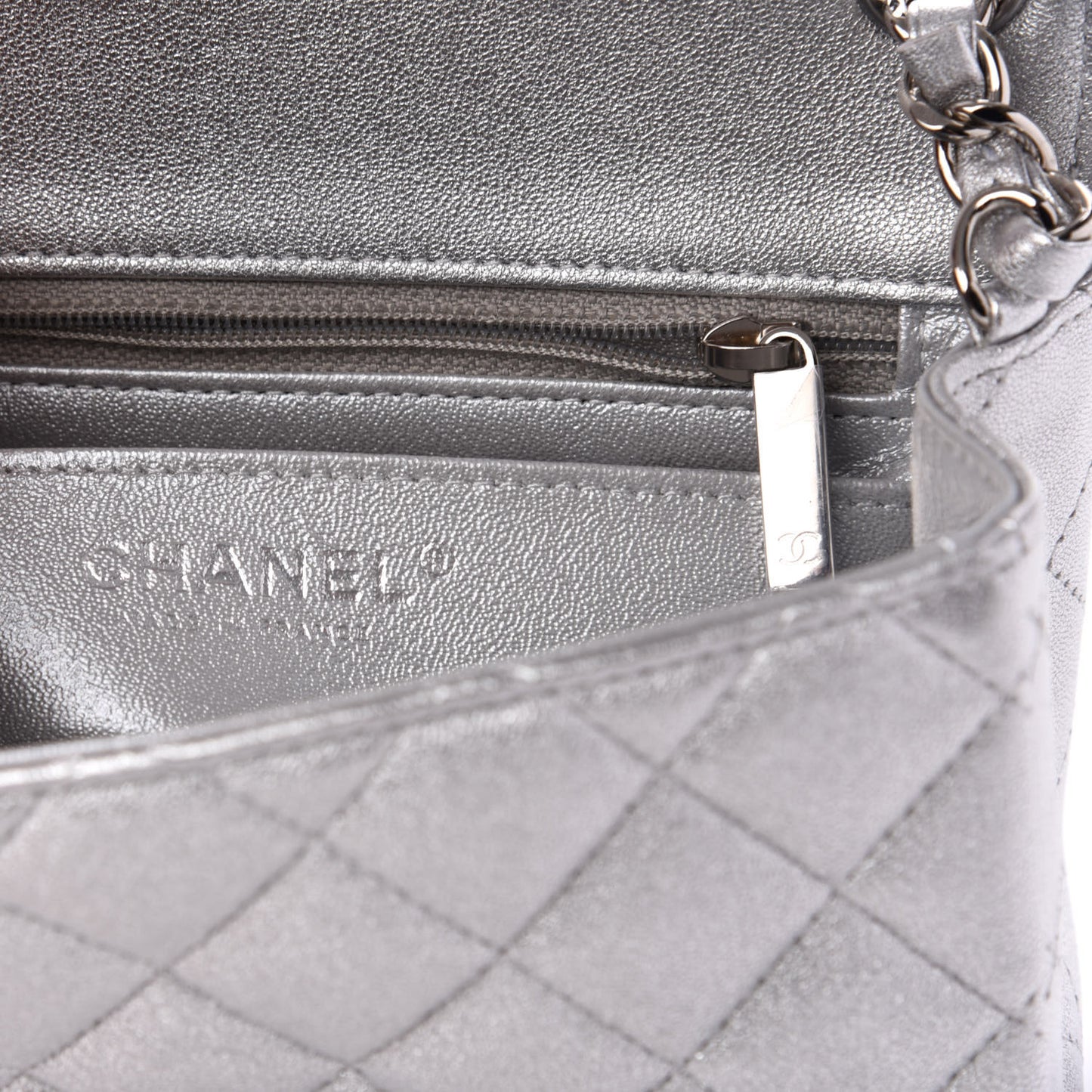 Metallic Lambskin Quilted Mini Square Flap Silver
