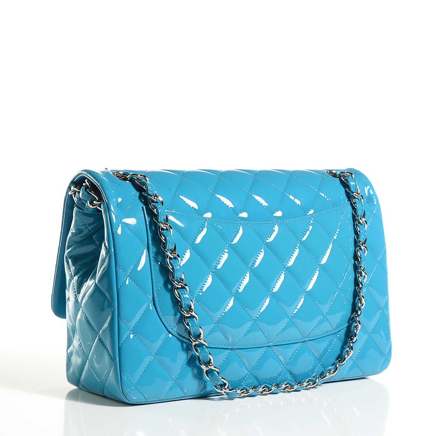 Patent Calfskin Quilted Jumbo Double Flap Turquoise
