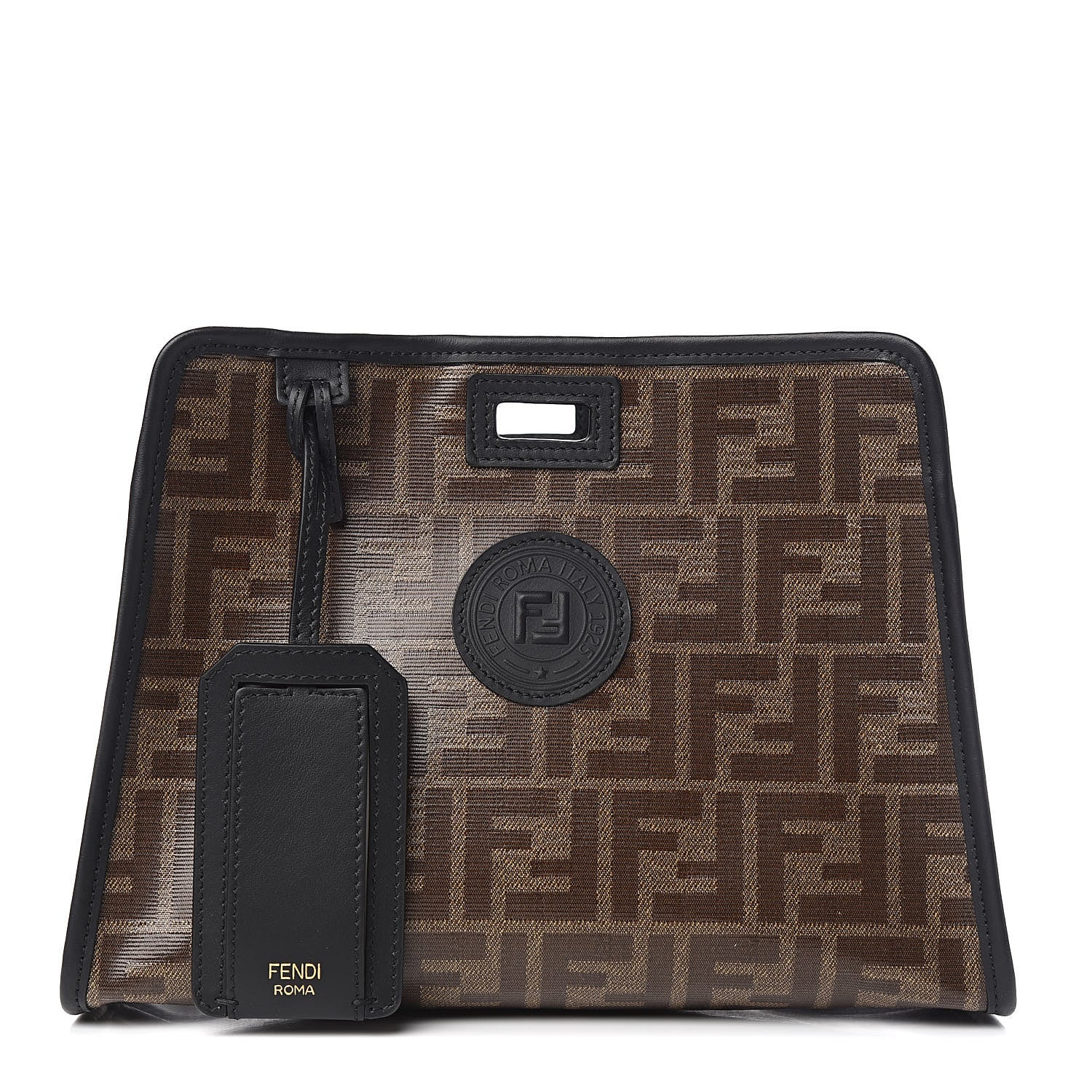 Fendi Glazed Fabric Vitello Century FF 1974 Stamp Patch Mini Peekaboo Defender Cover Mogano Panna Black 1 of 8