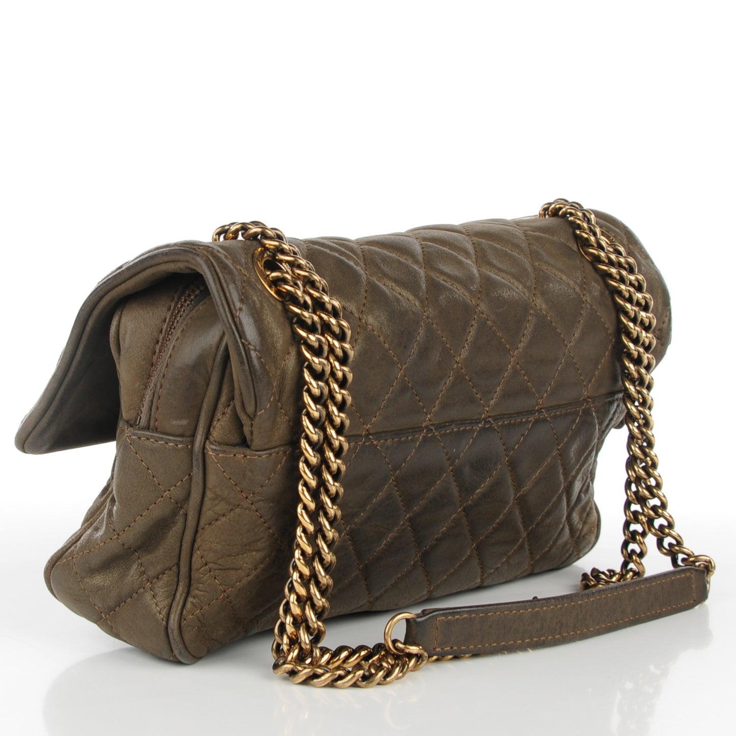 Iridescent Calfskin Quilted Small Shiva Flap Khaki