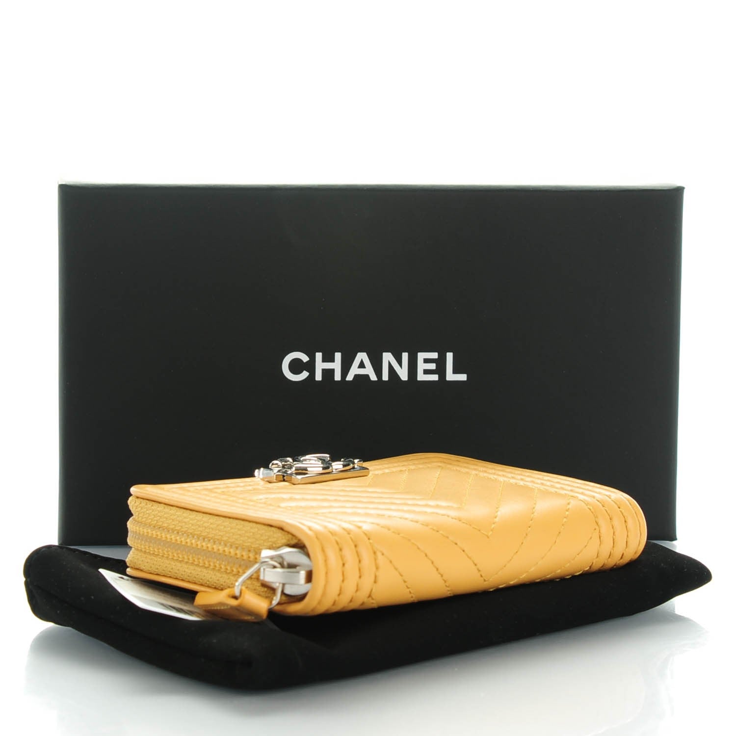 Chanel Calfskin Chevron Quilted Zip Around Boy Coin Purse Wallet Yellow 4 of 7