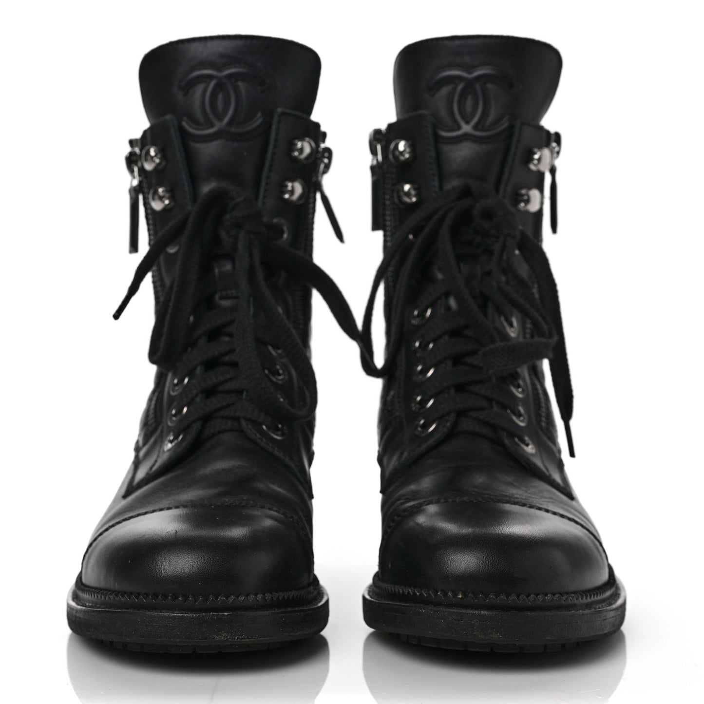Calfskin Quilted Lace Up Combat Boots 37 Black