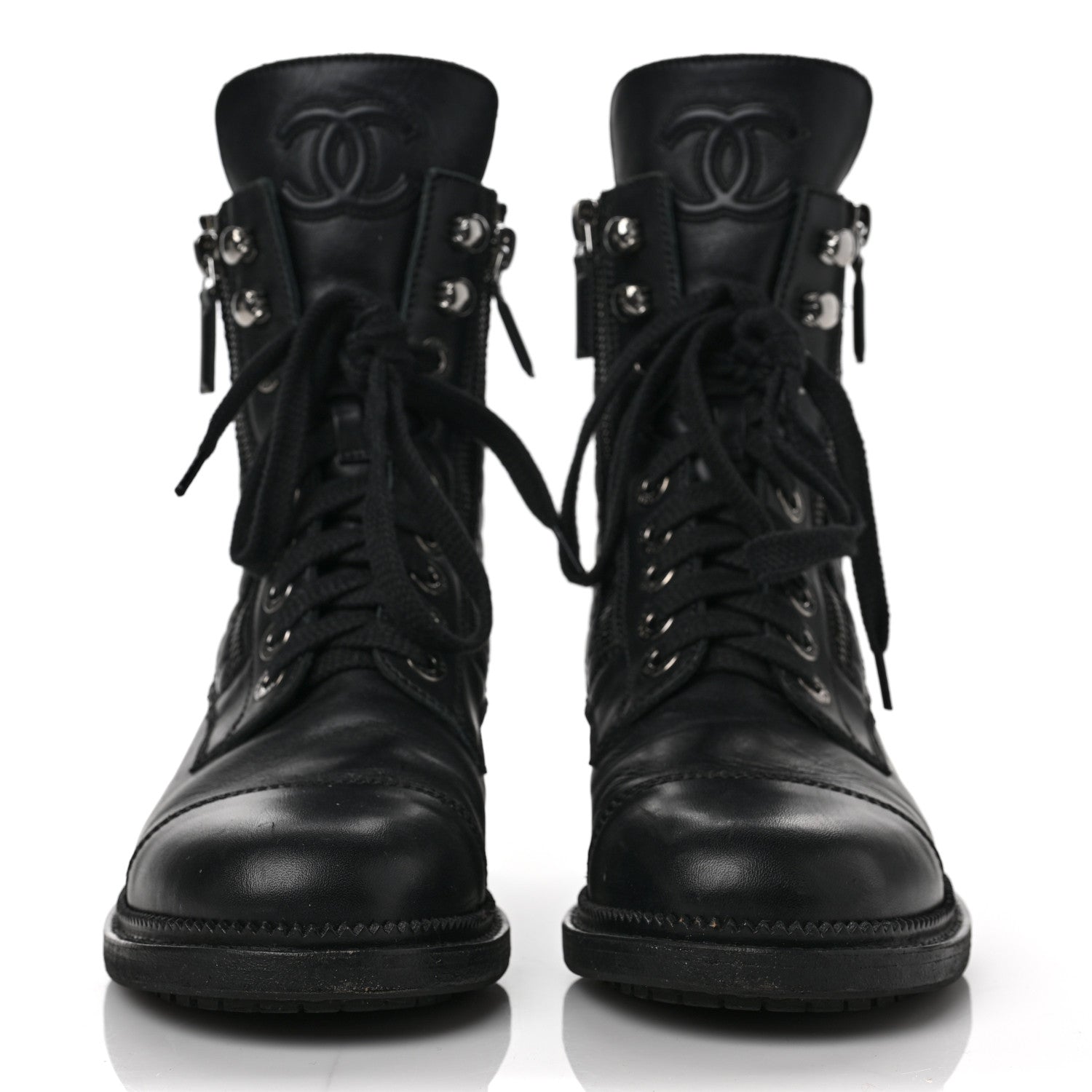 Chanel Calfskin Quilted Lace Up Combat Boots 37 Black 2 of 13