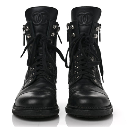 Chanel Calfskin Quilted Lace Up Combat Boots 37 Black 2 of 13