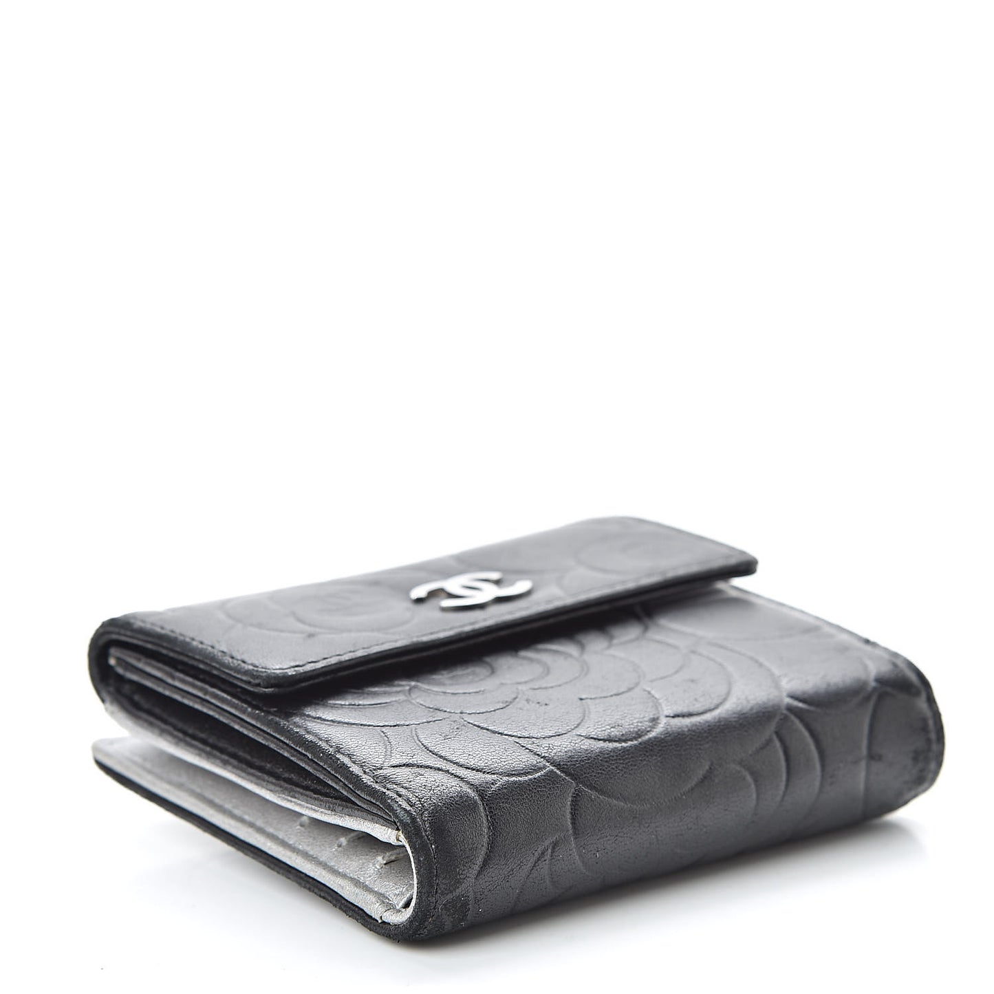 Lambskin Embossed Camellia French Wallet Black