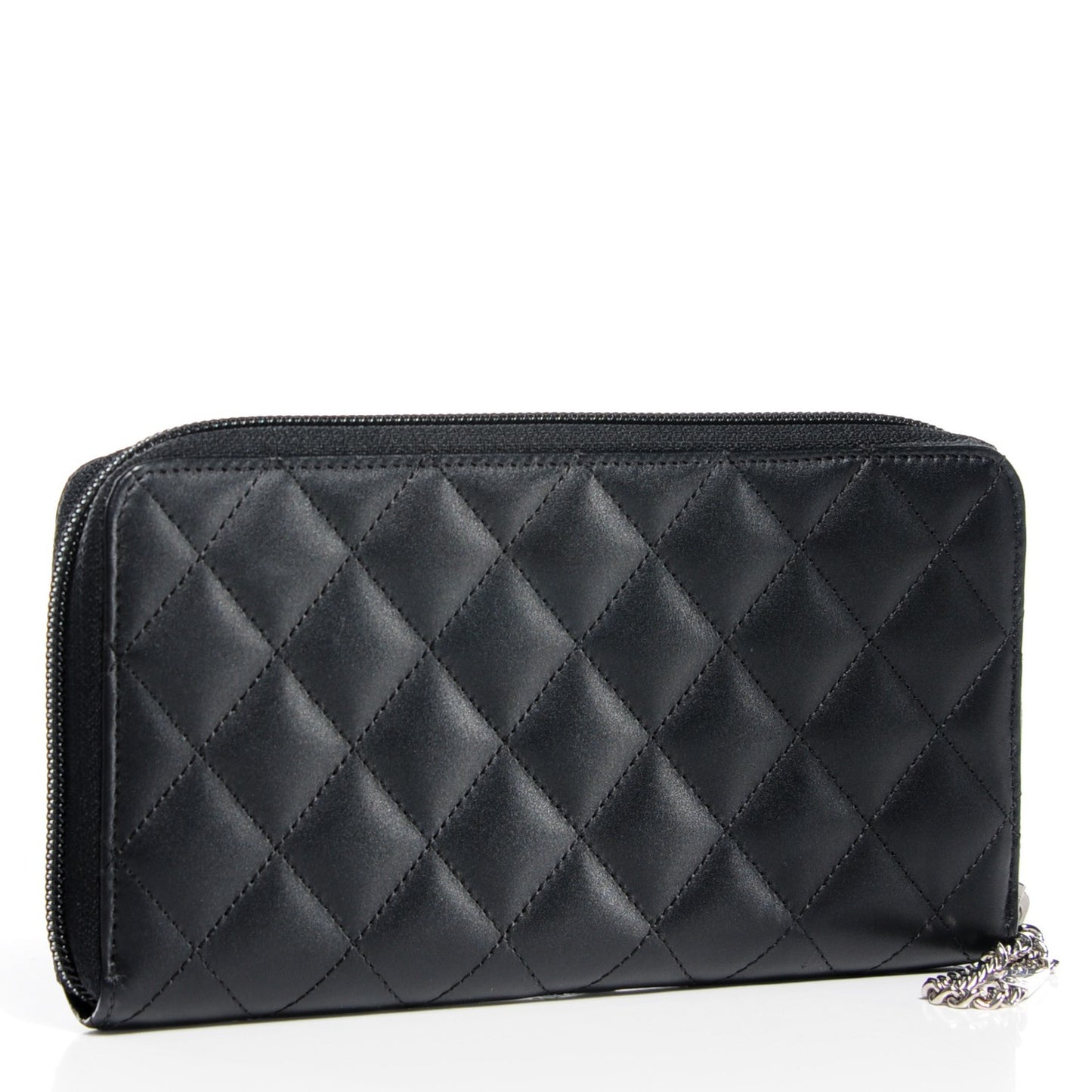 Calfskin Quilted Cambon Large Gusset Zip Around Wallet Black