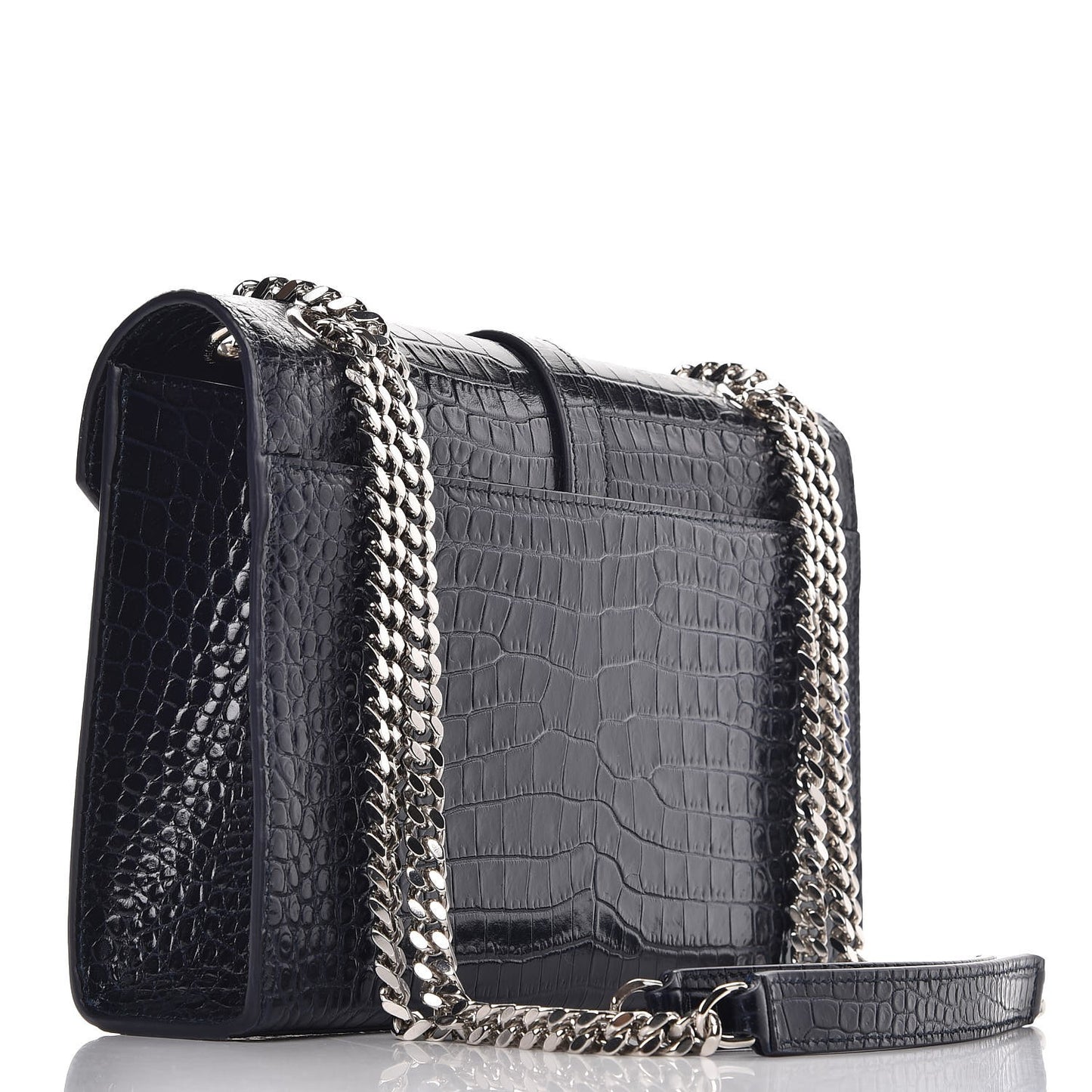 Calfskin Crocodile Embossed Medium Monogram Envelope Chain Shoulder Bag Navy