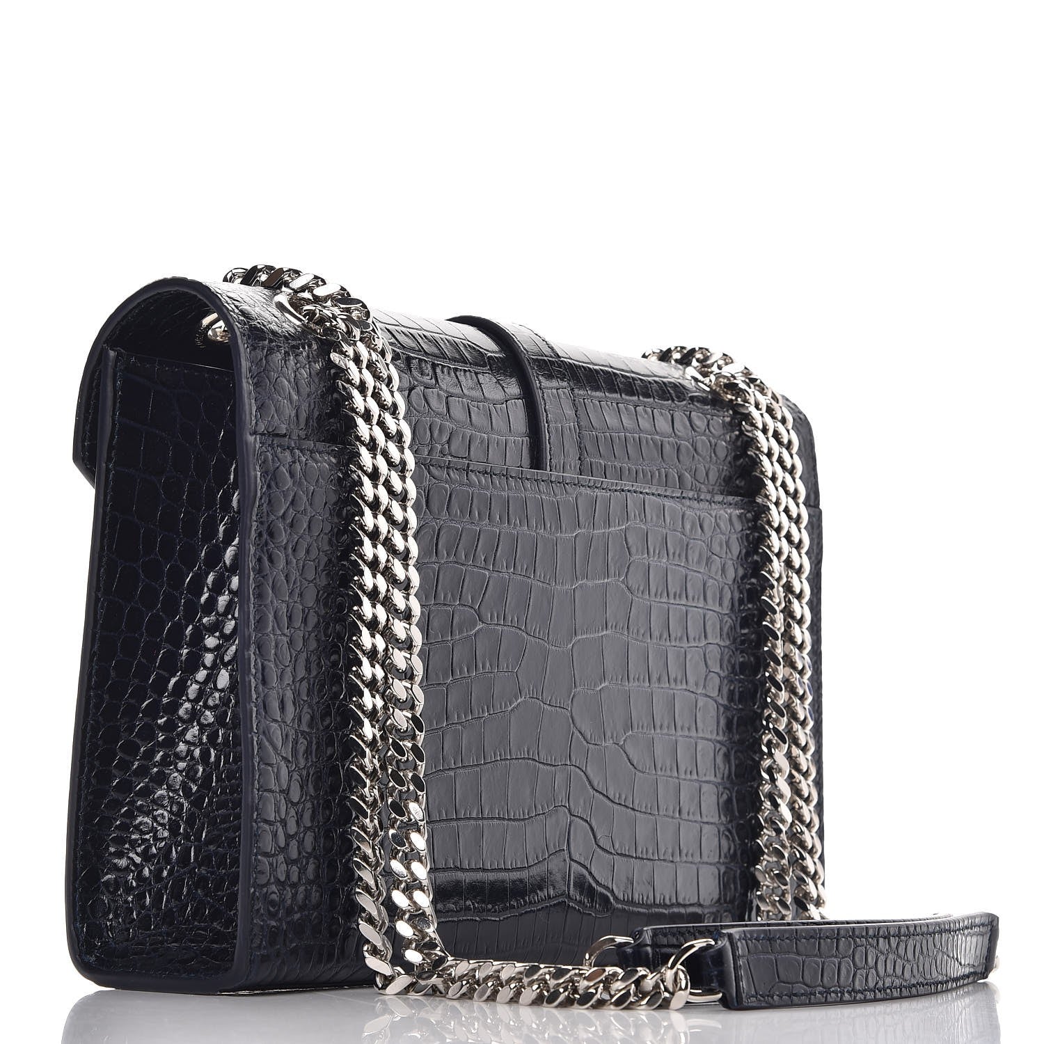 Saint Laurent Calfskin Crocodile Embossed Medium Monogram Envelope Chain Shoulder Bag Navy 3 of 6