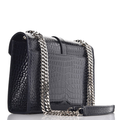 Saint Laurent Calfskin Crocodile Embossed Medium Monogram Envelope Chain Shoulder Bag Navy 3 of 6