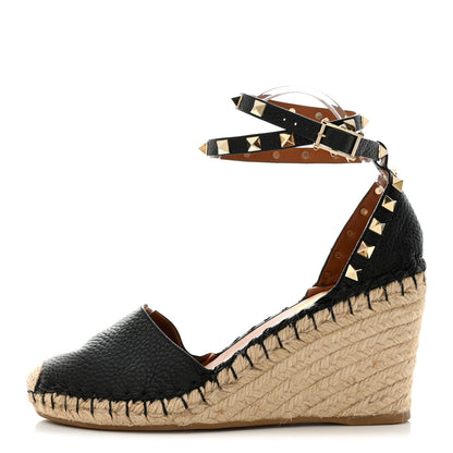 Valentino Garavani Grained Calfskin Rockstud Ankle Wrap Espadrille 15/85mm Wedges 37 Black Light Cuir 1 of 9