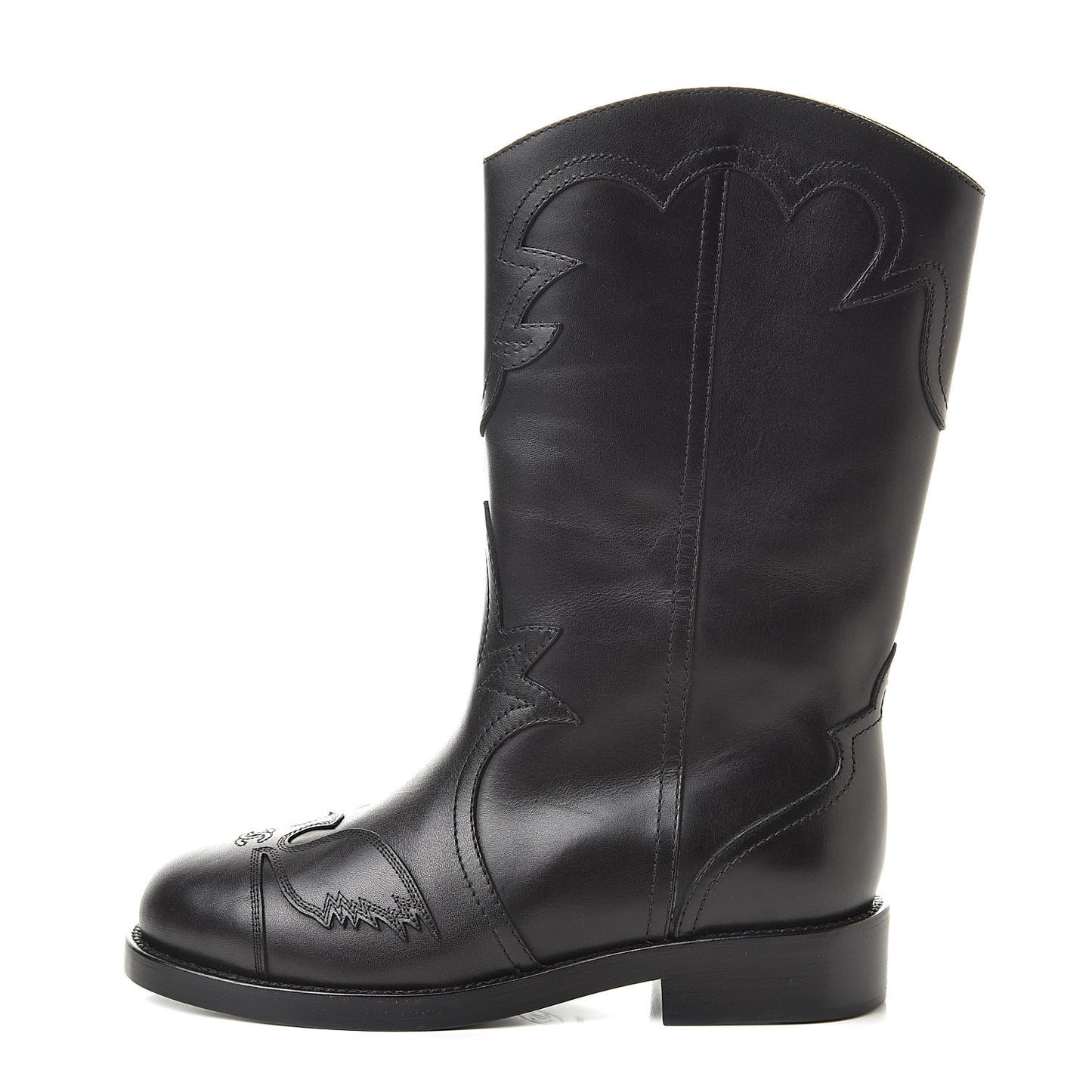 Calfskin Embroidered Western Boots 35 Black