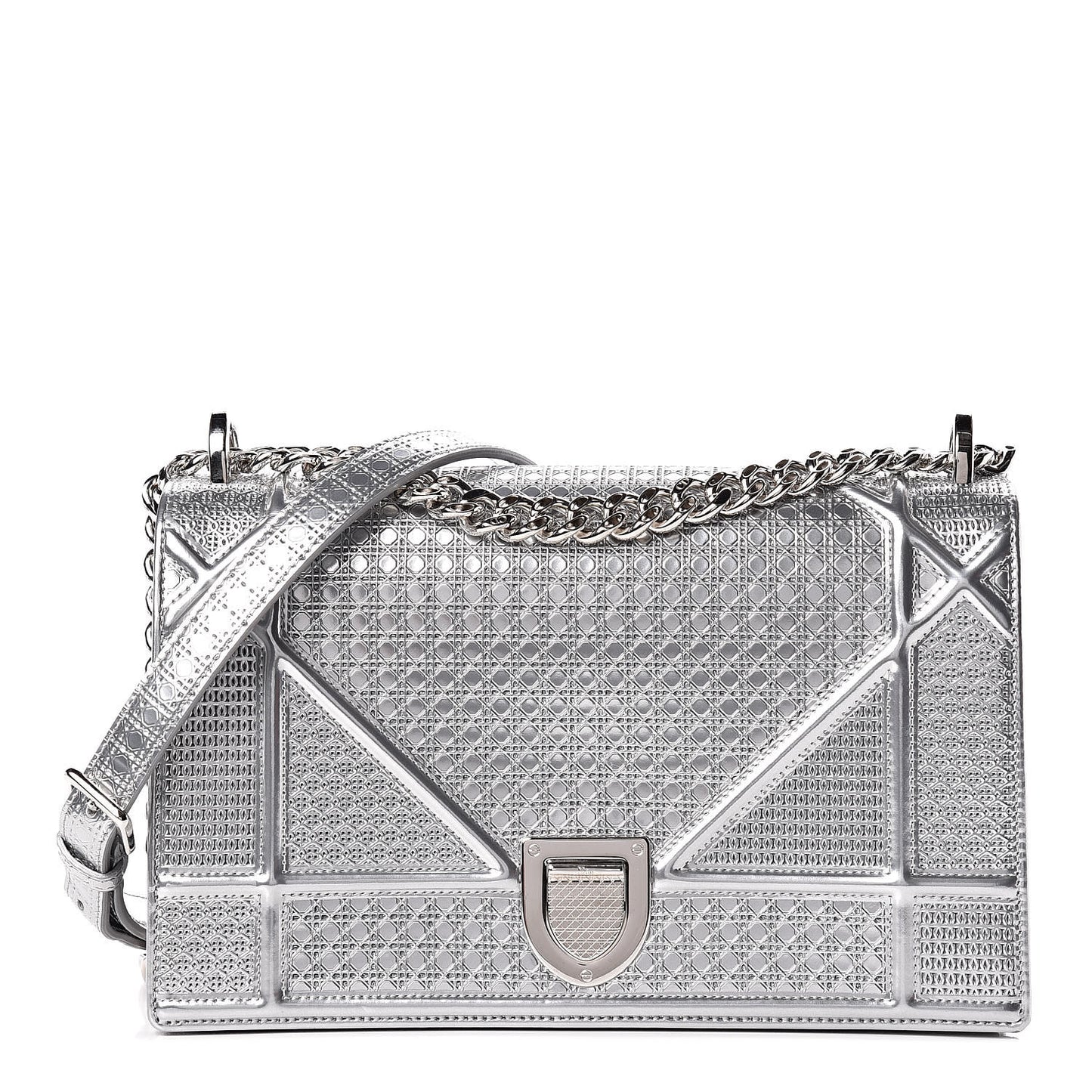 Metallic Patent Micro-Cannage Medium Diorama Flap Bag Silver