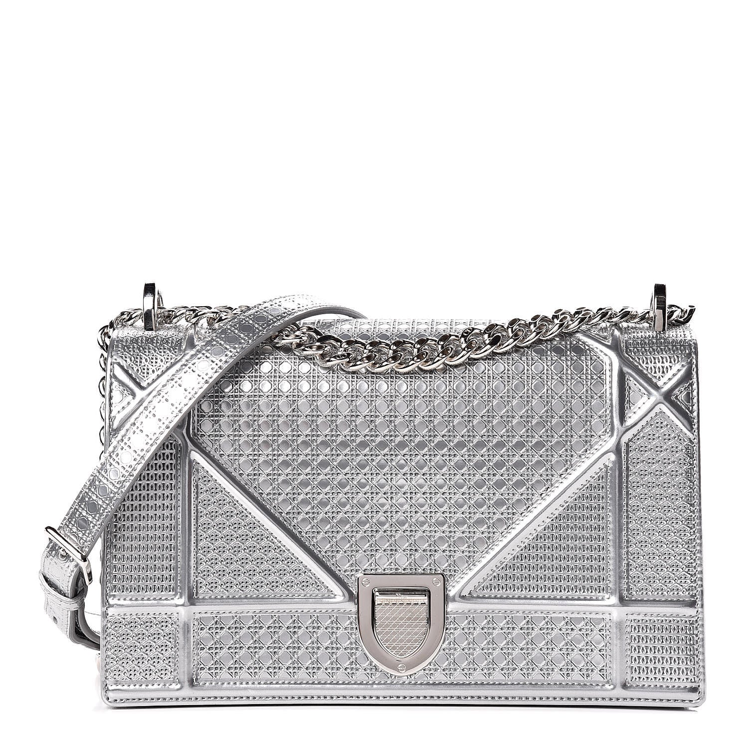 Christian Dior Metallic Patent Micro-Cannage Medium Diorama Flap Bag Silver 1 of 17