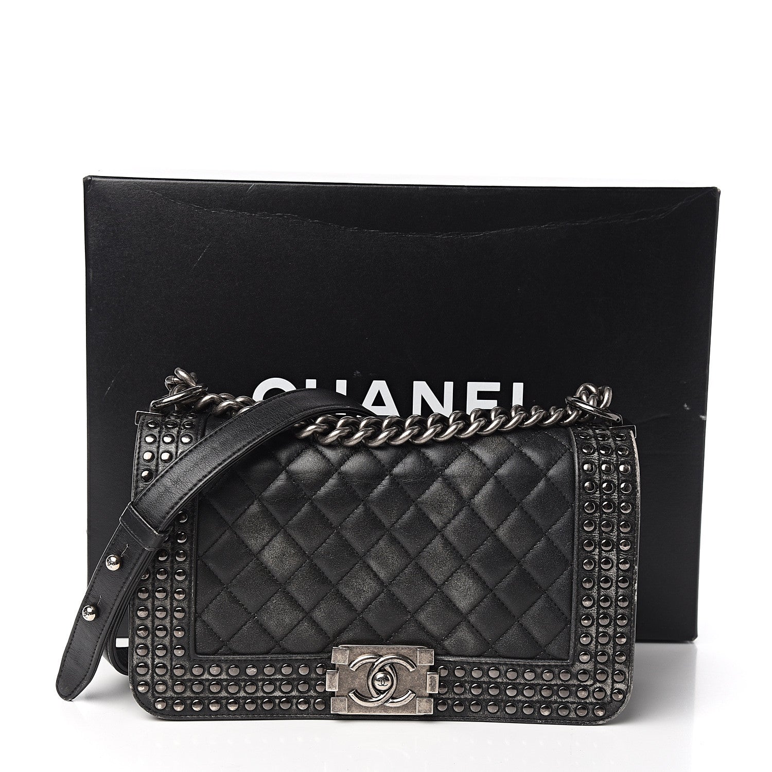Chanel Faded Calfskin Quilted Medium Studded Boy Flap Black 10 of 10