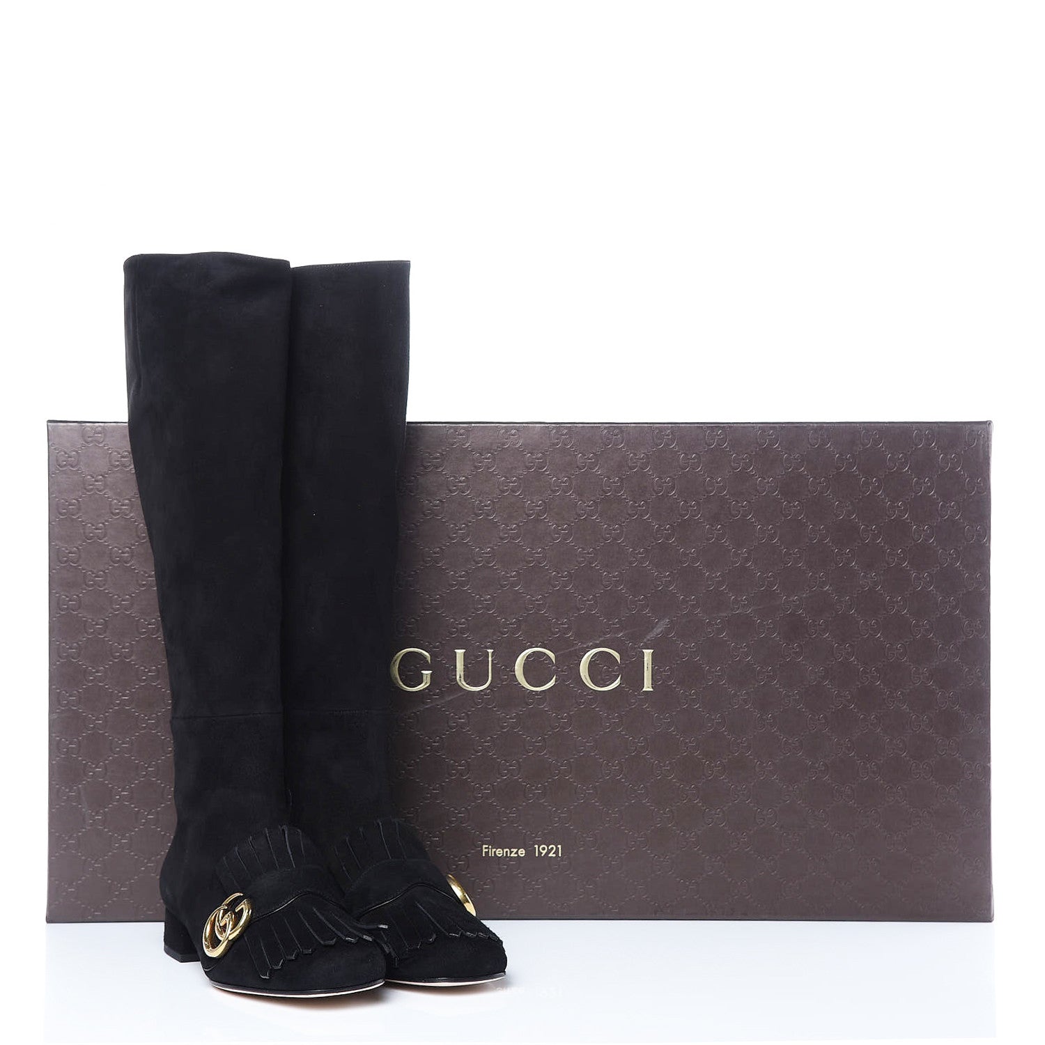 Gucci Kid Scamosciato GG Marmont Fringe Knee High Boots 35.5 Black 9 of 9