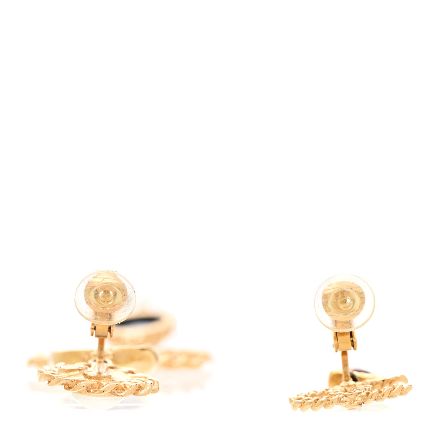 Metal Pearl Gripoix CC Asymmetrical Chain Drop Clip On Earrings Gold