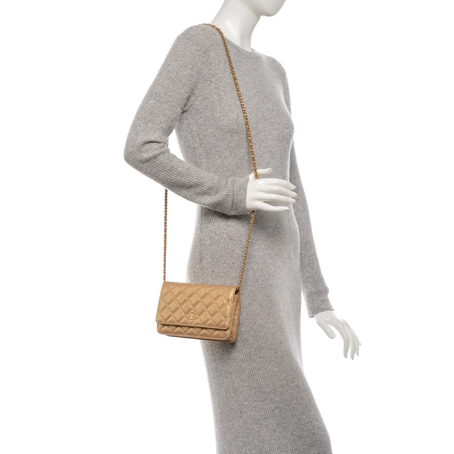 Chanel Pearly Caviar Quilted Wallet On Chain WOC Gold 2 of 8