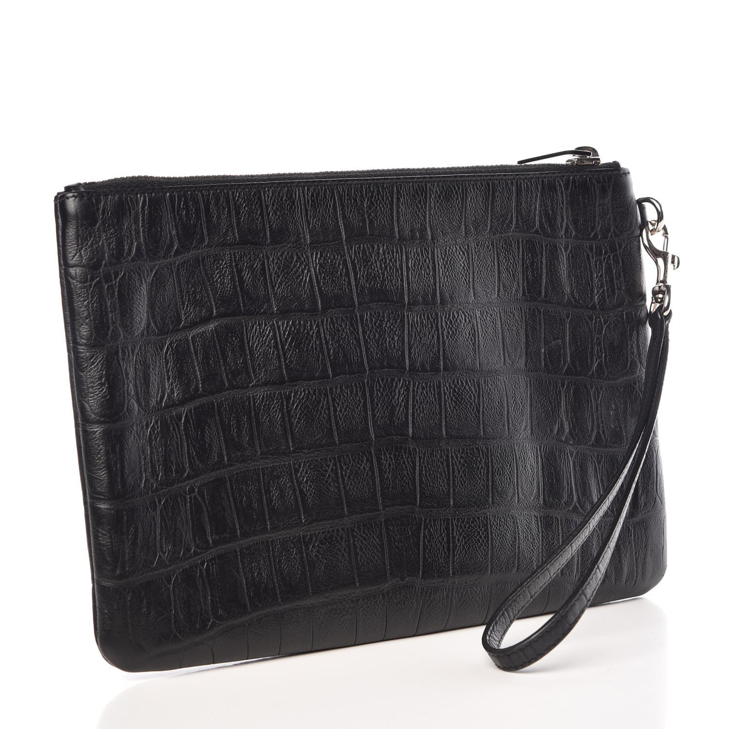 Calfskin Crocodile Embossed Monogram Zip Pouch Black