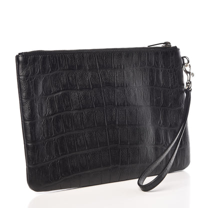 Saint Laurent Calfskin Crocodile Embossed Monogram Zip Pouch Black 3 of 8