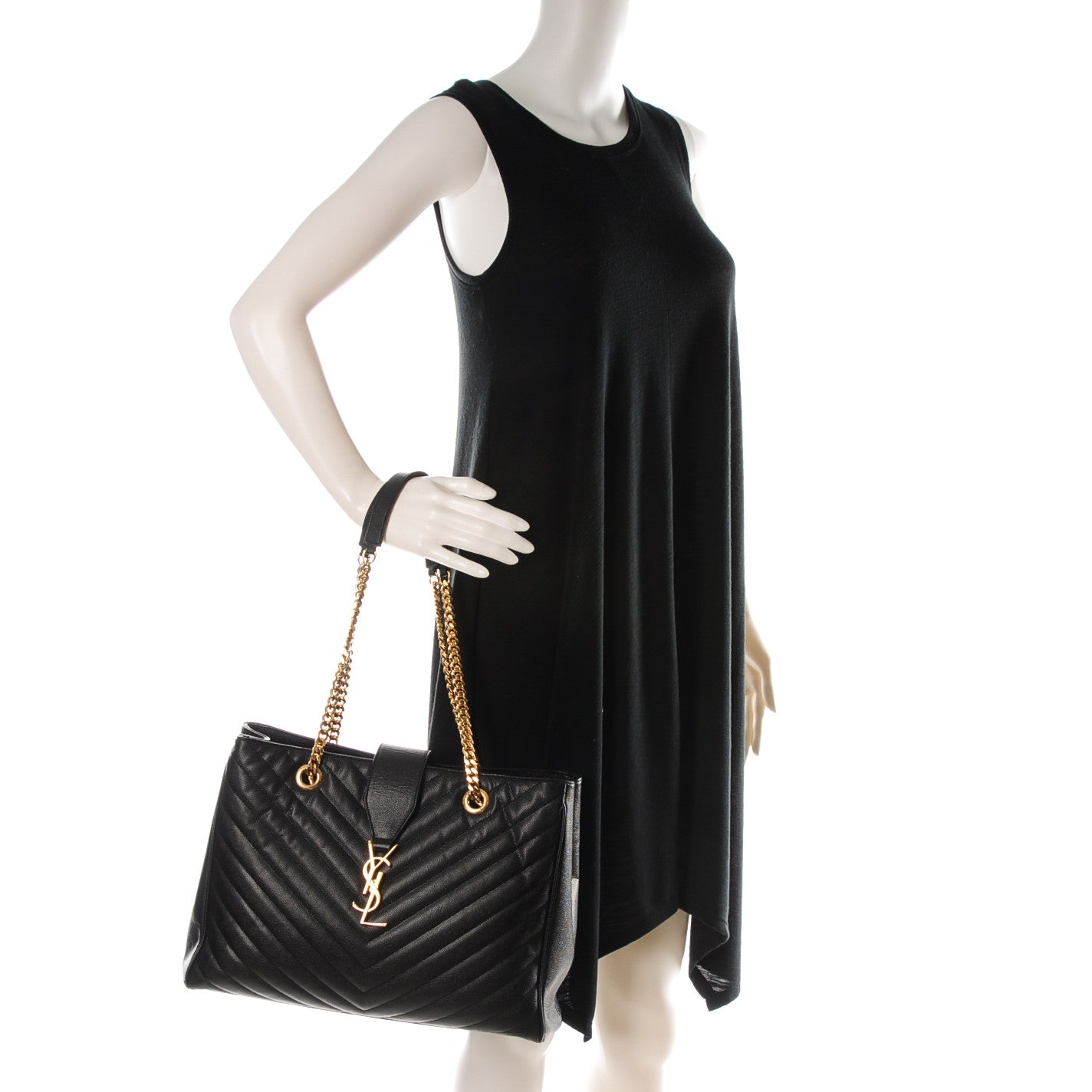 Saint Laurent Grain De Poudre Matelasse Chevron Monogram Shopping Bag Black 2 of 8