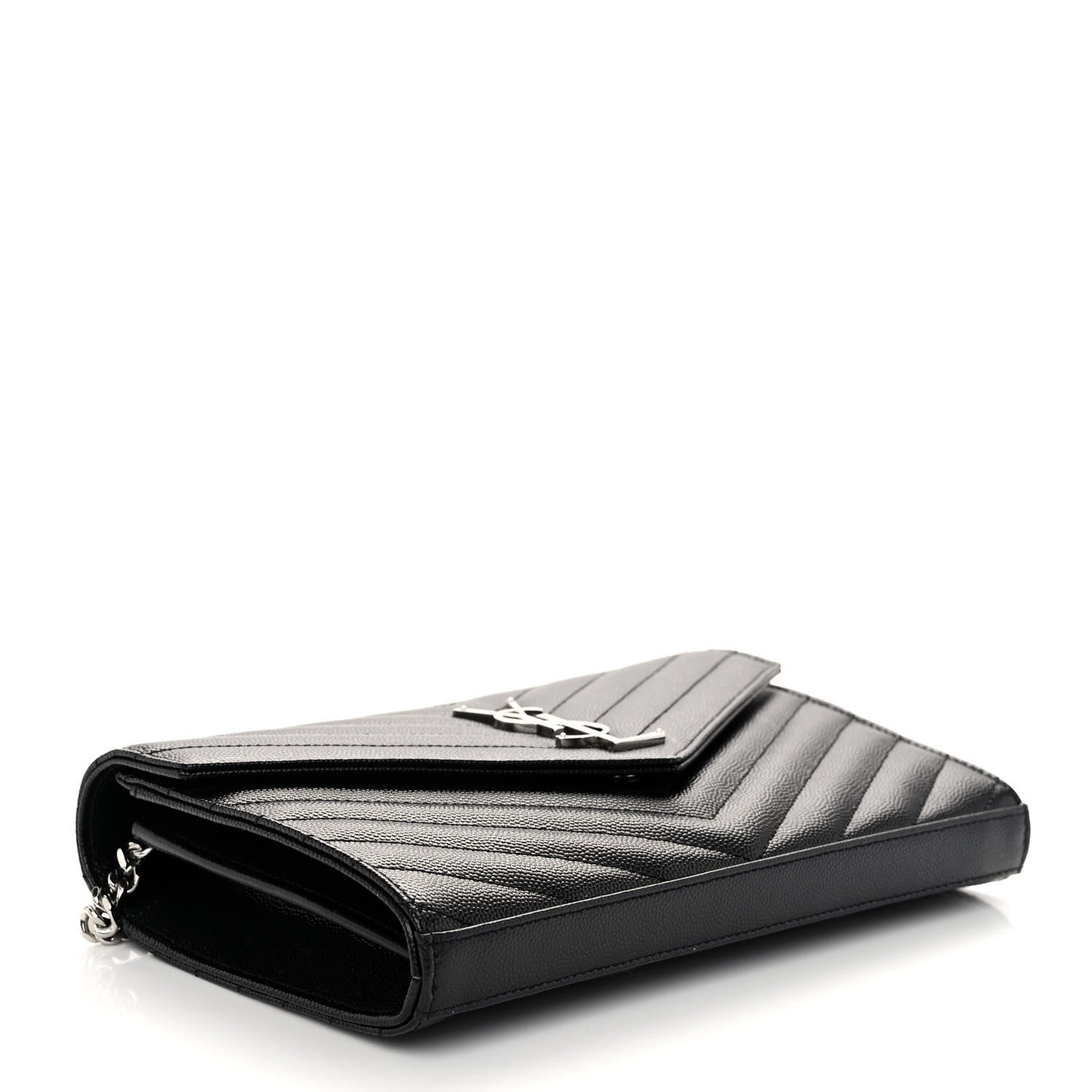 Saint Laurent Grain De Poudre Matelasse Chevron Monogram Chain Wallet Black 4 of 9
