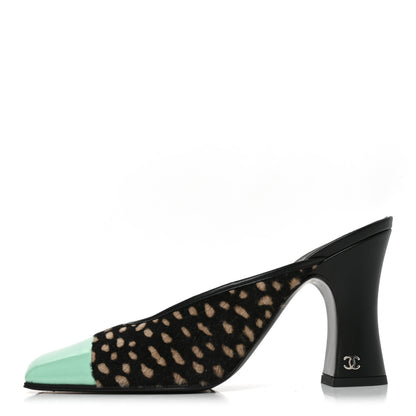 Chanel Pony Hair Lambskin Patent Calfskin Cap Toe Mules 39 Black White Green 1 of 8