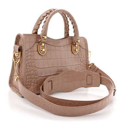 Balenciaga Shiny Supple Calfskin Crocodile Embossed Gold Metallic Edge Hardware Mini City Nude Beige 4 of 15