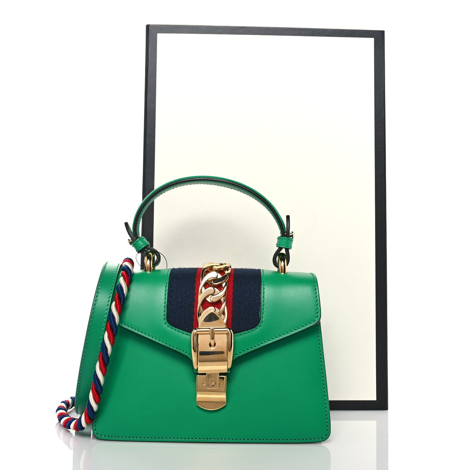 Gucci Vitello Fontanella Web Mini Sylvie Top Handle Bag Synthetic Green Garden 9 of 9