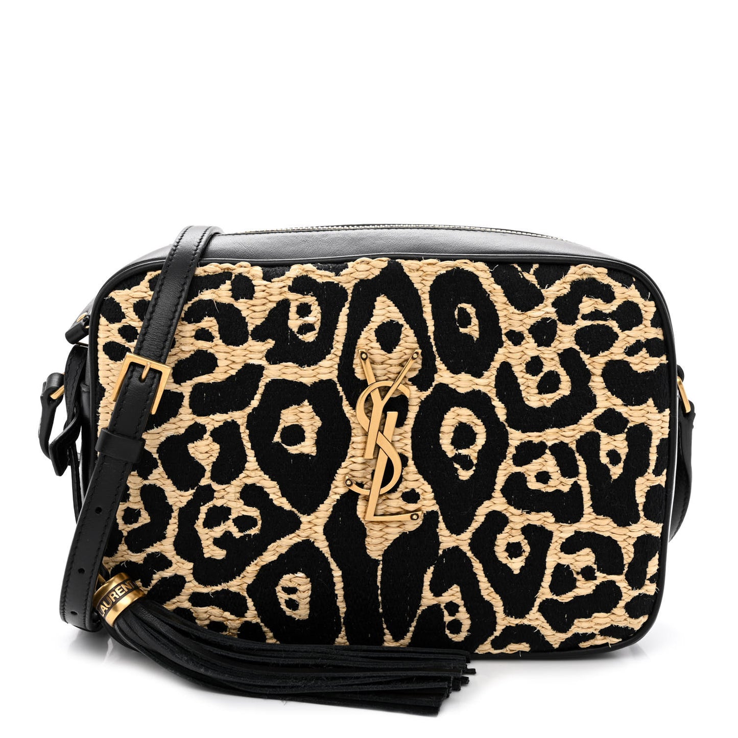 Raffia Calfskin Leopard Print Monogram Lou Camera Bag Natural Beige Black