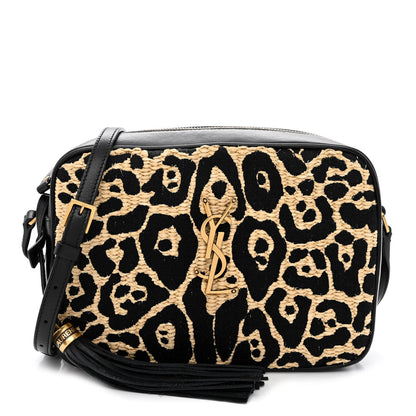 Saint Laurent Raffia Calfskin Leopard Print Monogram Lou Camera Bag Natural Beige Black 1 of 11