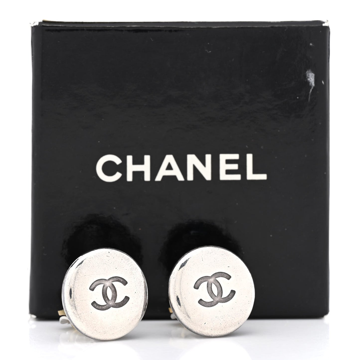 Metal Round CC Clip On Earrings Silver