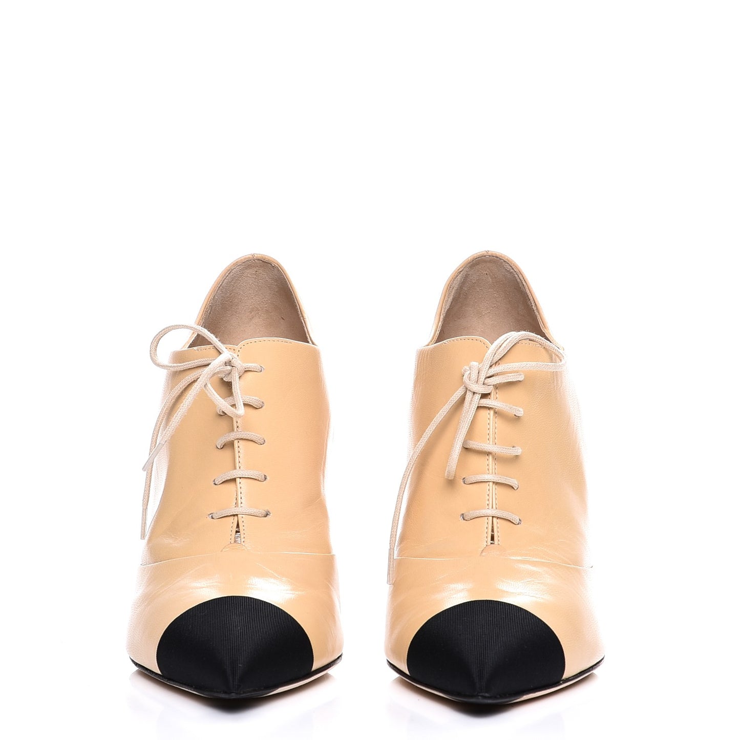 Goatskin Lace Up Cap Toe Booties 38 in Beige Black