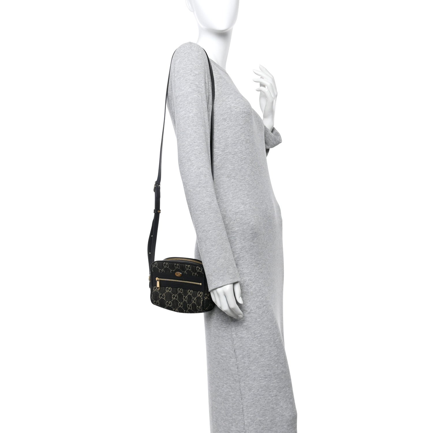 Gucci Jacquard Black Denim GG Monogram Textured Dollar Calfskin Mini Ophidia Shoulder Bag Black Ivory 2 of 13