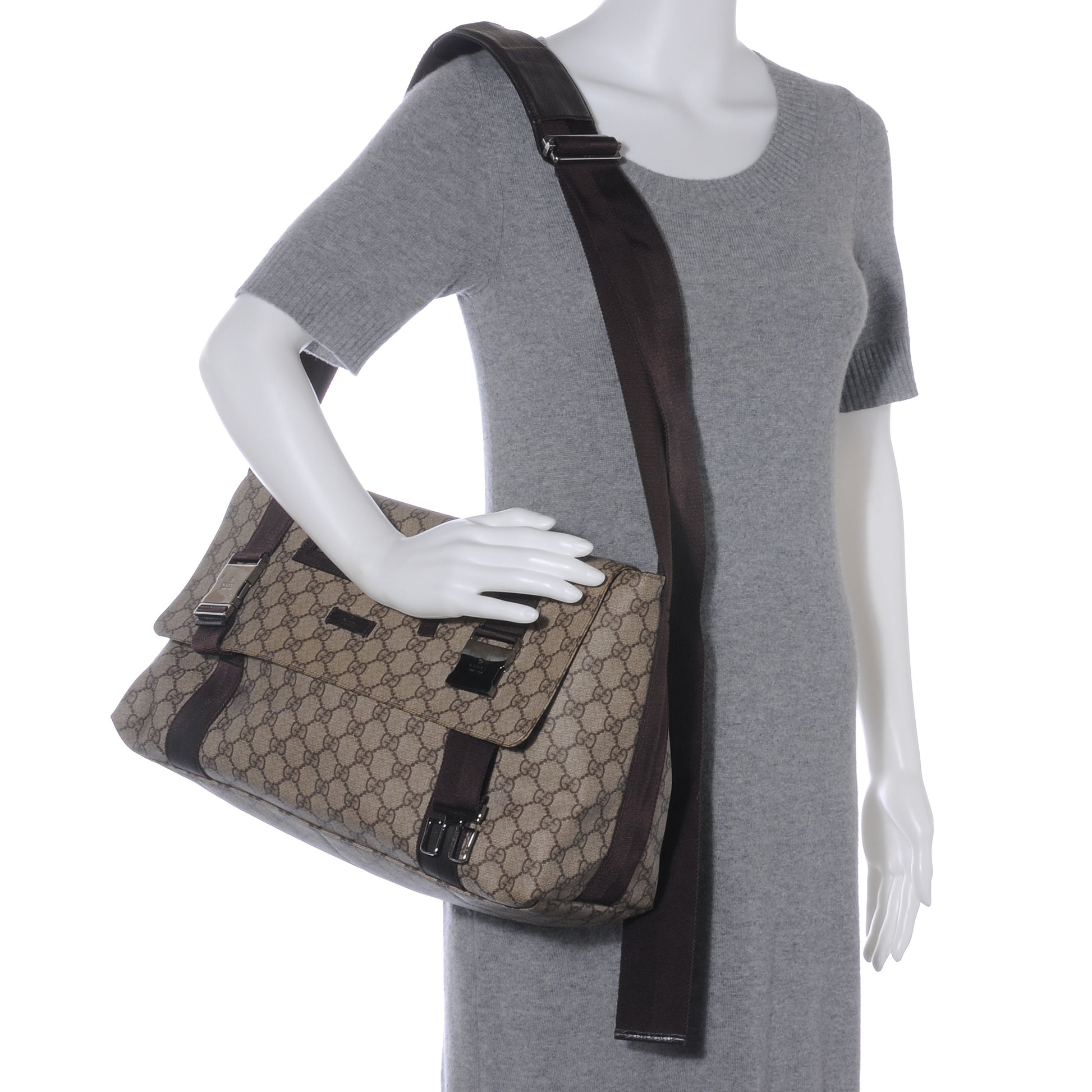 Gucci GG Plus Monogram Double Buckle Flap Messenger Bag Beige Ebony 2 of 7