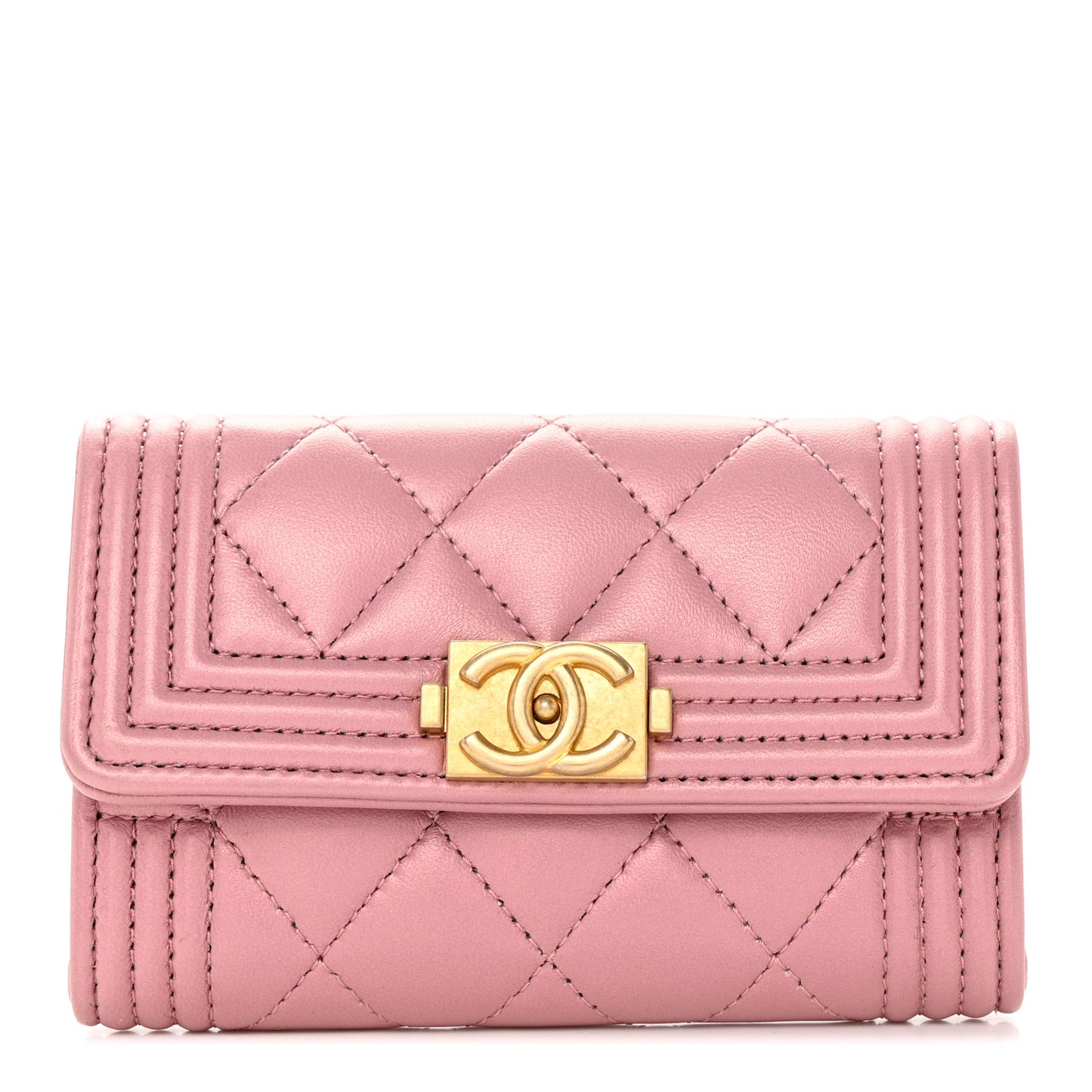Metallic Lambskin Quilted Boy Card Holder Wallet Pink