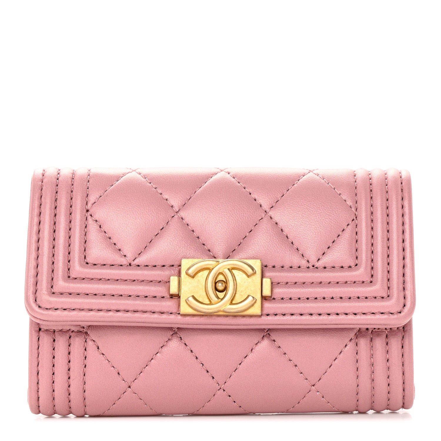 Chanel Metallic Lambskin Quilted Boy Card Holder Wallet Pink 1 of 11