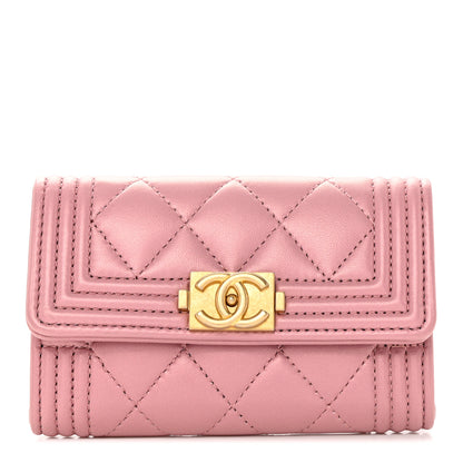 Chanel Metallic Lambskin Quilted Boy Card Holder Wallet Pink 1 of 11