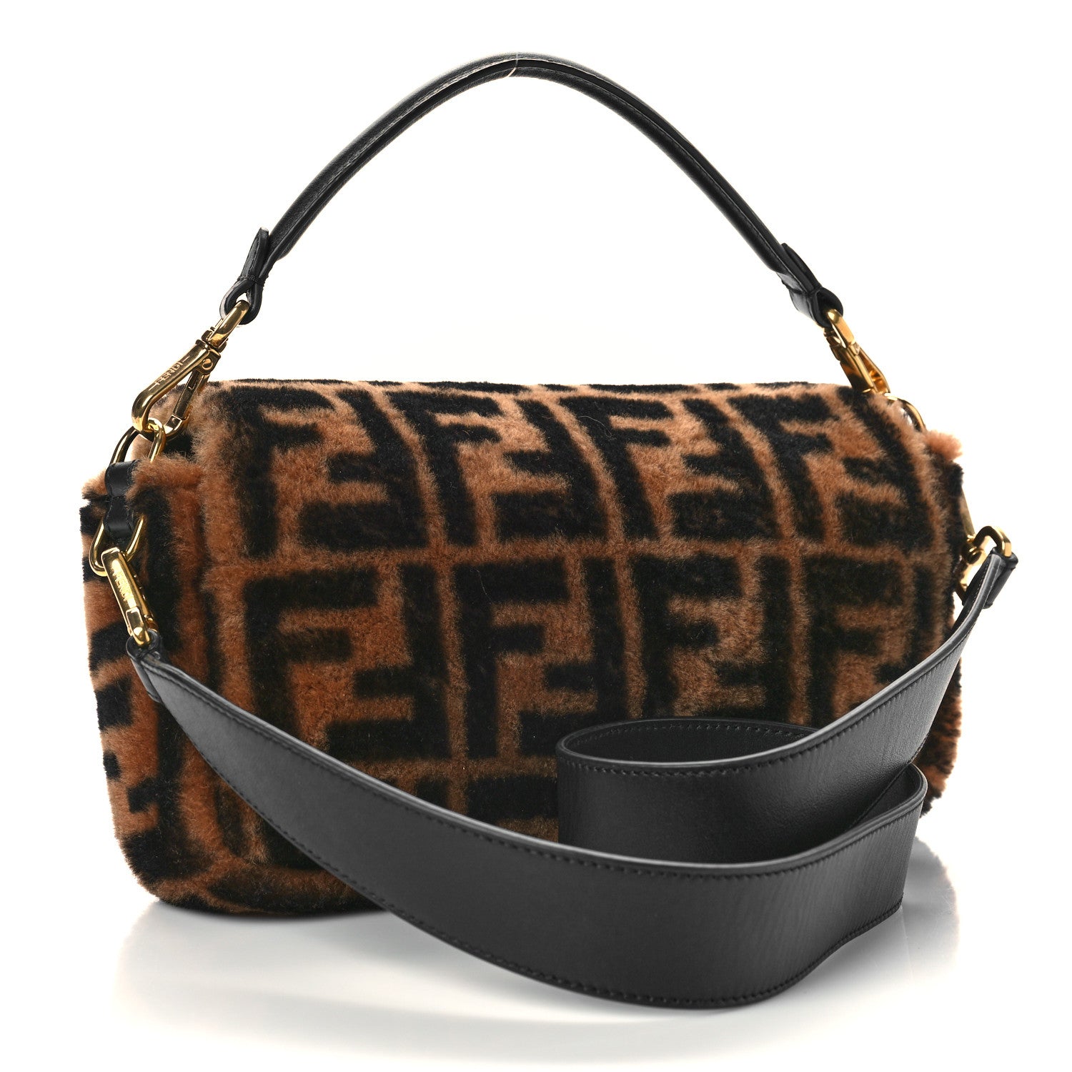 Fendi Shearling Vitello Dolce Macro FF 1974 Baguette Tobacco Black 3 of 8