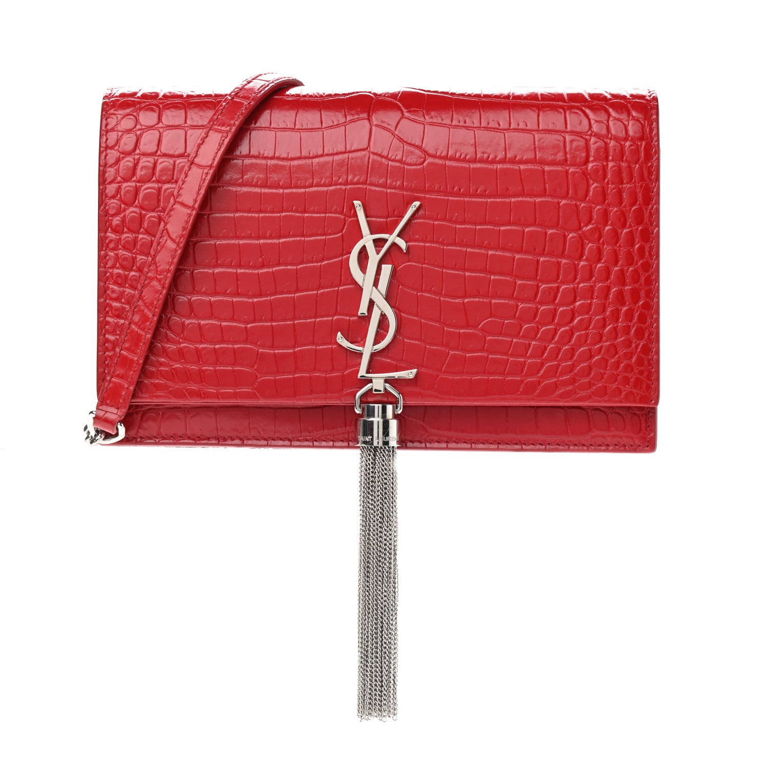 Saint Laurent Calfskin Crocodile Embossed Small Classic Monogram Kate Tassel Satchel Red 1 of 9